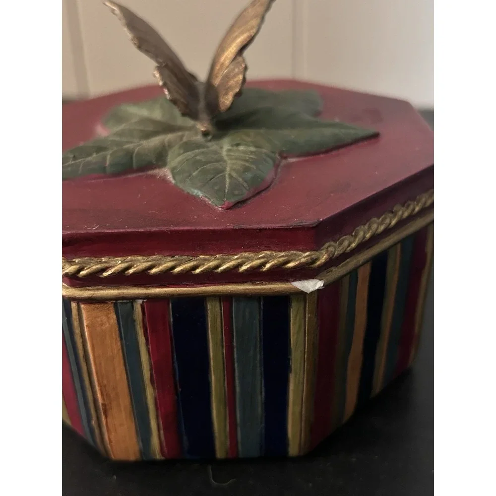 Decorative Hand Painted Butterfly Trinket Box Red Multicolor Striped Gold Trim